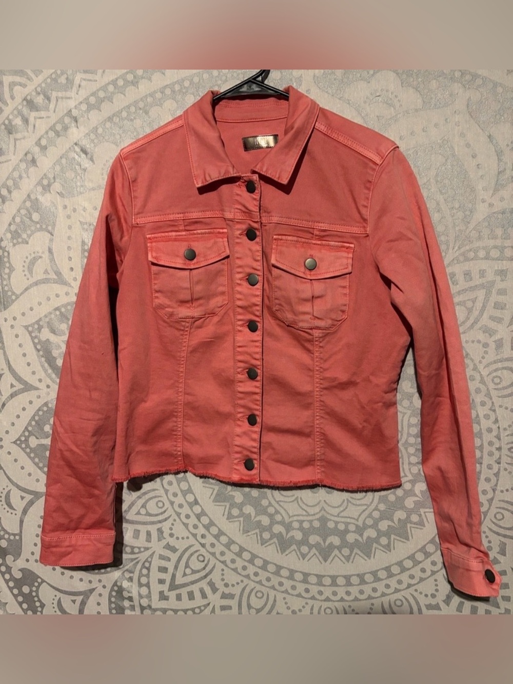 KUT from the Kloth Coral Pink Frayed Hem Denim Jacket | Size L